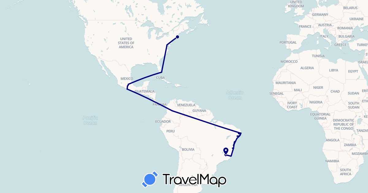 TravelMap itinerary: driving in Brazil, Colombia, Mexico, United States (North America, South America)